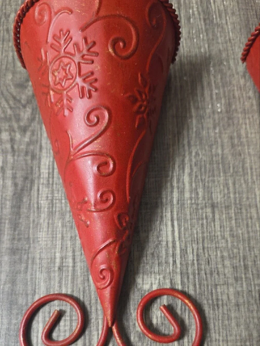 Vintage Set Of Two Decorative Red Embossed Metal Wall Sconces